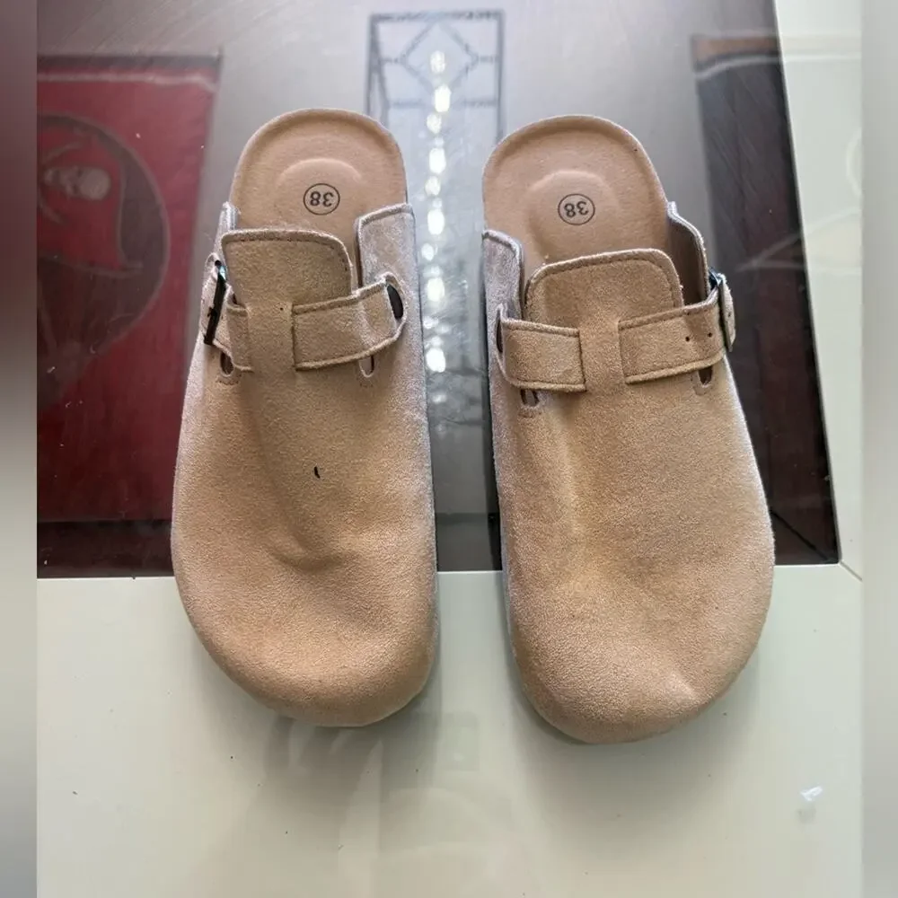 NEW Tan Clog Slides Suede Slip-On Sandals Buckle Comfort Size EU 40/US 7
